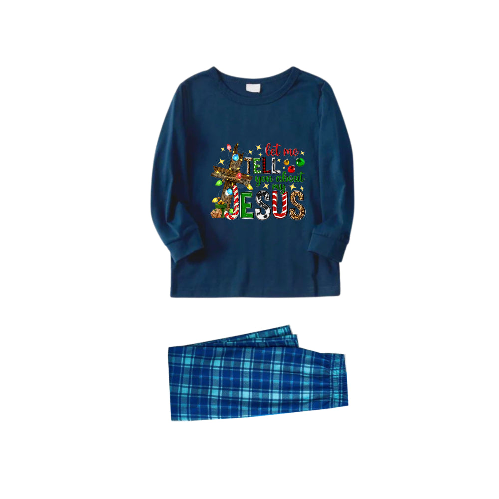 Christmas Family Matching Pajamas-Navy & Sky Blue Plaid Pjs Set with "Let Me Tell You About My Jesus" Print