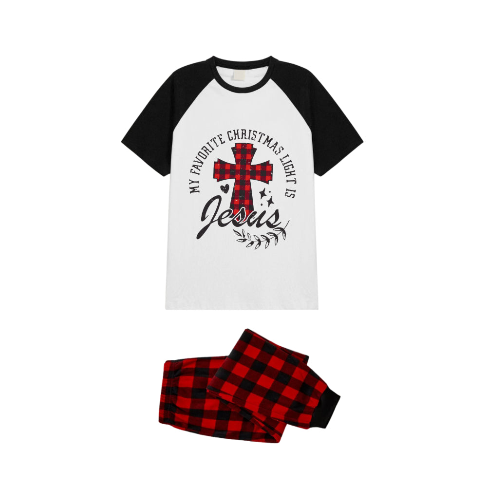 Black and Red Plaid Raglan Short Sleeve Pajamas Set With "My Favorite Christmas Light Is Jesus" Text Print