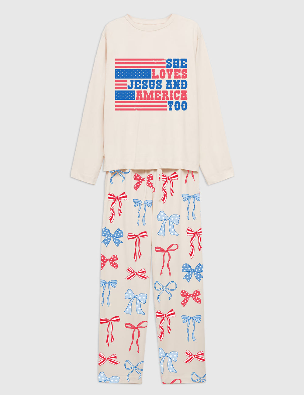 Women's She Loves Jesus And America Too Patriotic American Bows 4th Of July Long Sleeve Pajama Set