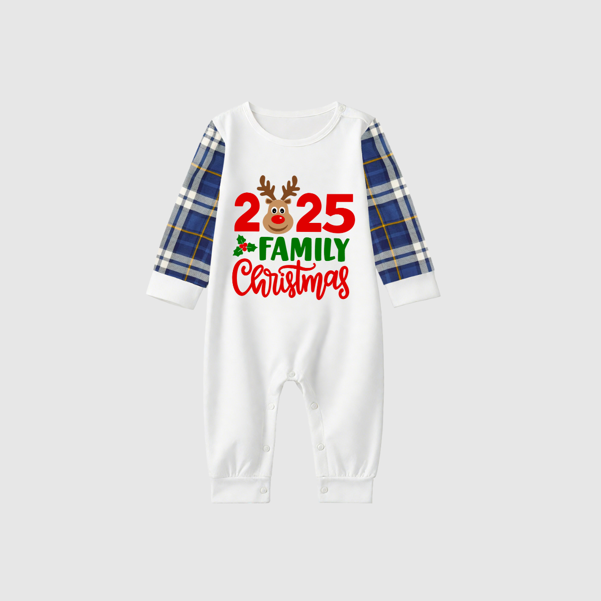 2025 Reindeer Family Christmas Family Pajamas Set - White Top / Blue Yellow Plaid Pants / Blue Sleeves