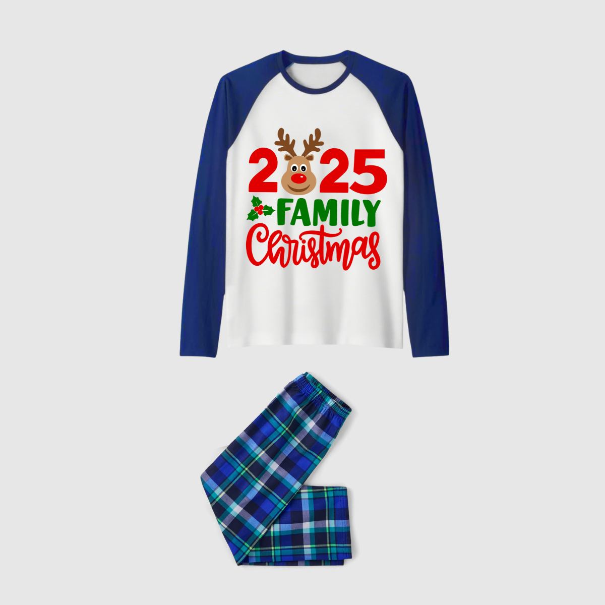 2025 Reindeer Family Christmas Family Pajamas Set - White Top / Blue Green Plaid Pants / Blue Sleeves