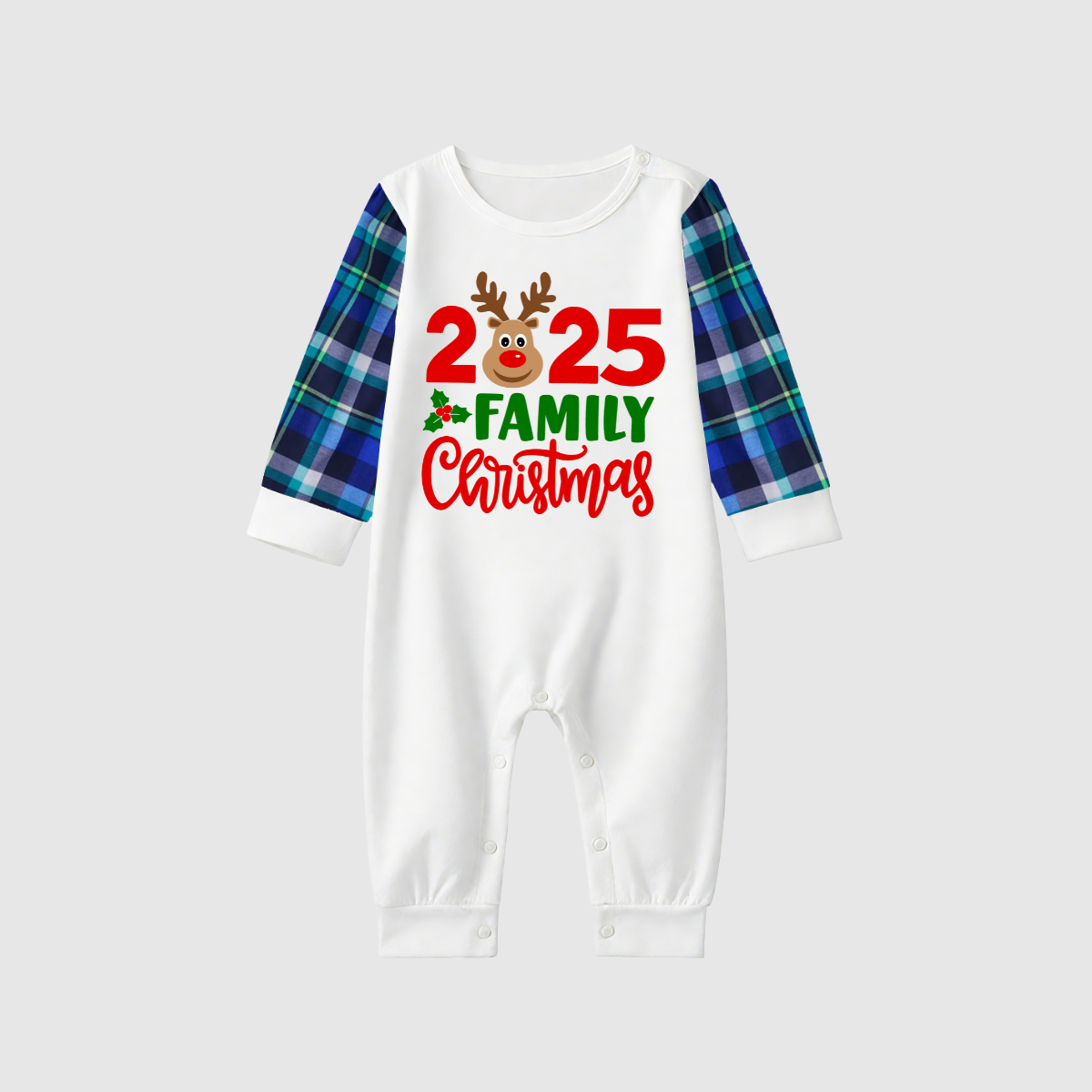 2025 Reindeer Family Christmas Family Pajamas Set - White Top / Blue Green Plaid Pants / Blue Sleeves