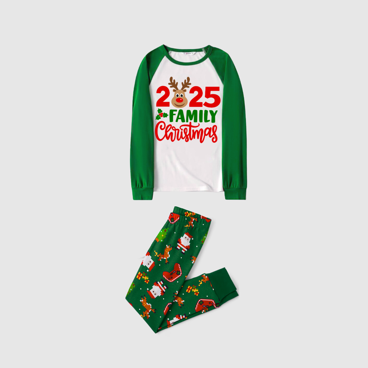 2025 Reindeer Family Christmas Family Pajamas Set - White Top / Green Santa Print Pants / Green Sleeves