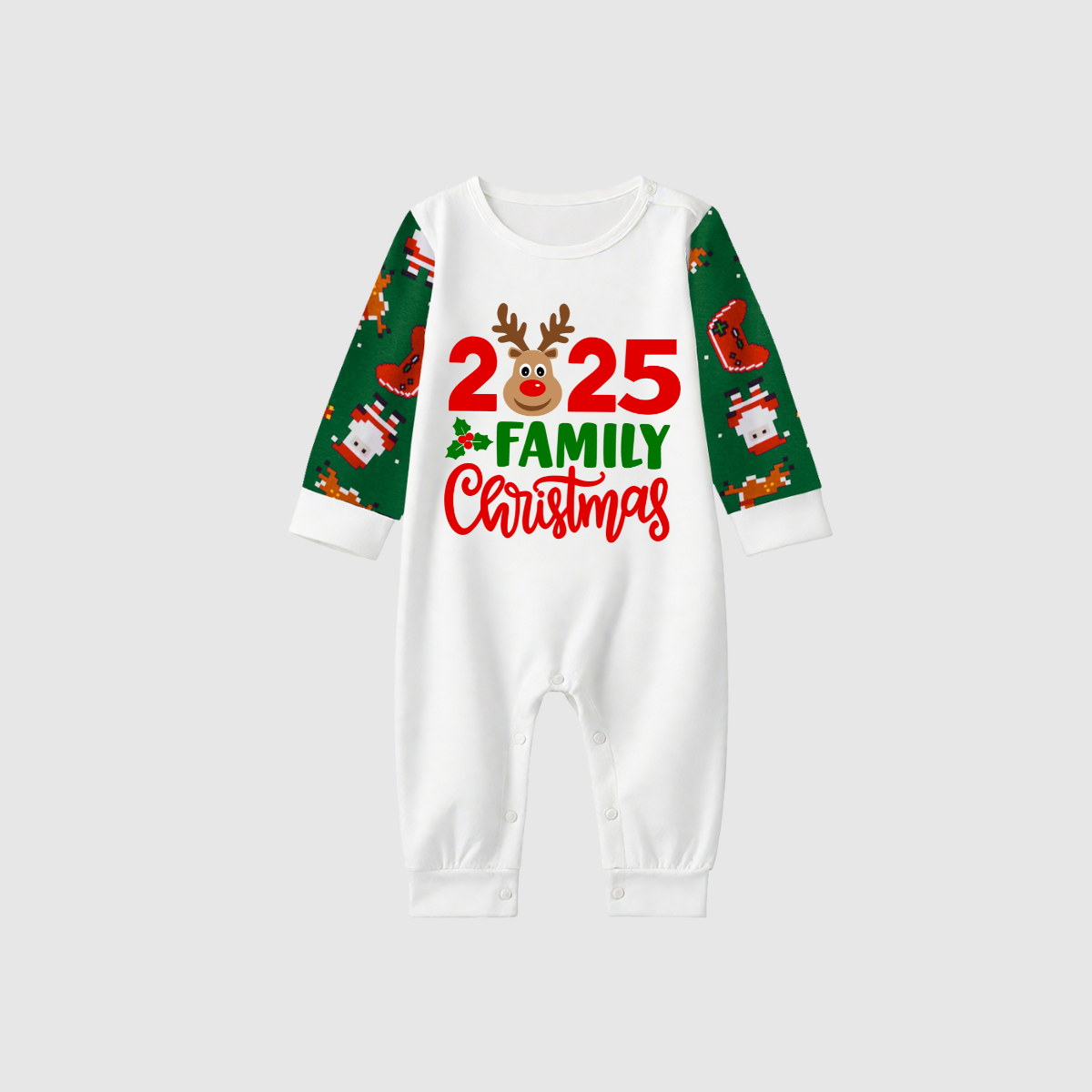 2025 Reindeer Family Christmas Family Pajamas Set - White Top / Green Santa Print Pants / Green Sleeves