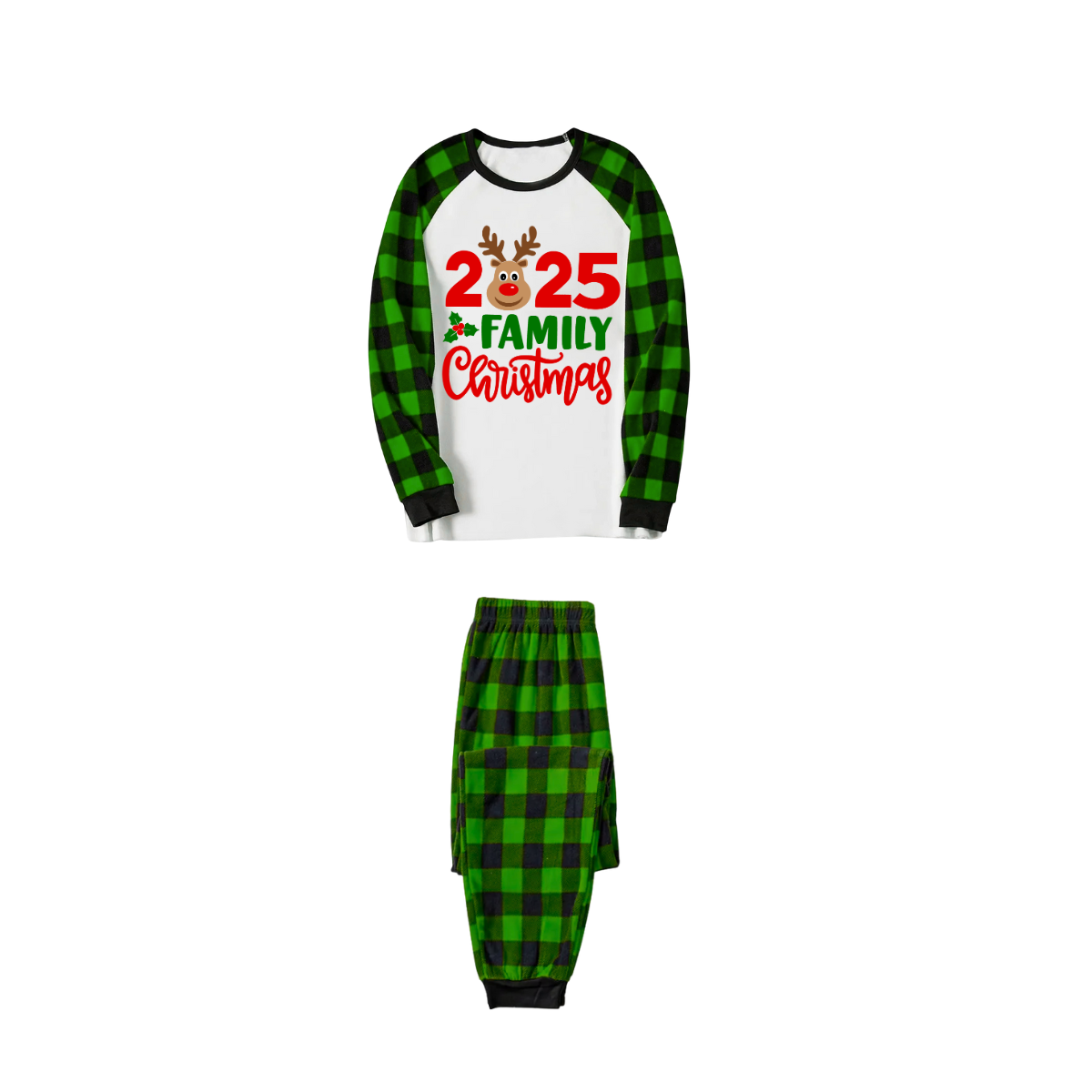 2025 Reindeer Family Christmas Family Pajamas Set - White Top / Green Black Plaid Pants / Green Black Plaid