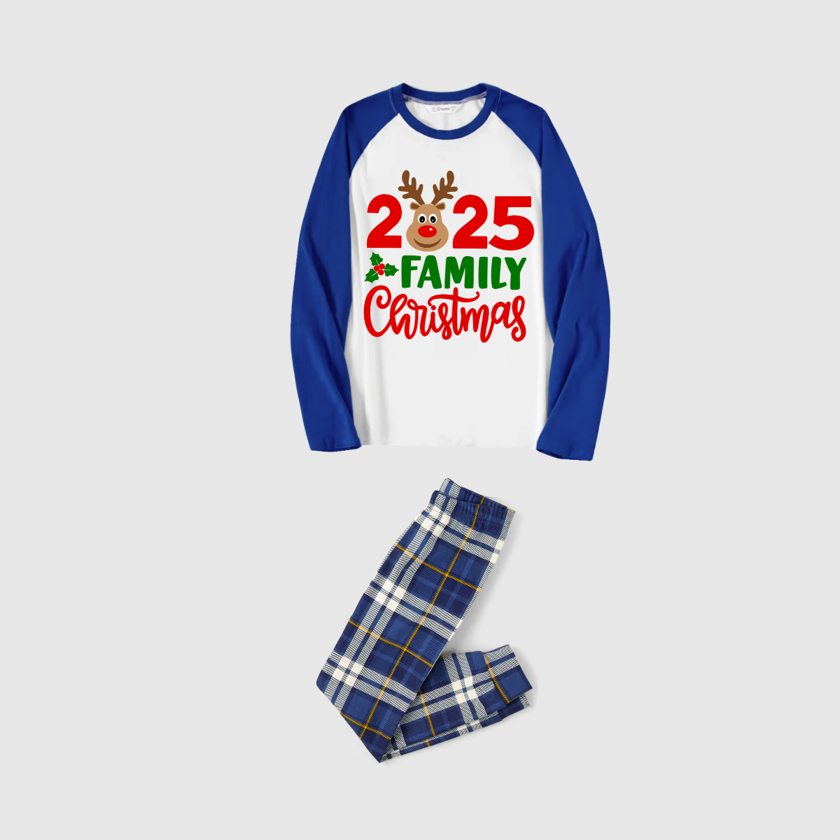 2025 Reindeer Family Christmas Family Pajamas Set - White Top / Blue Yellow Plaid Pants / Blue Sleeves