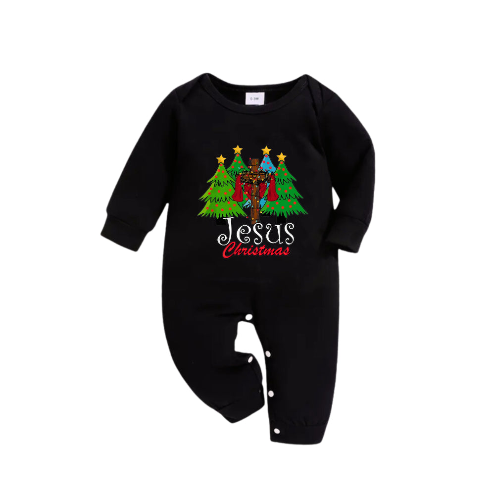 Christmas Family Matching Pajamas-Black Top and Green Plaid Pants Pjs Set with "Jesus Christmas" Print