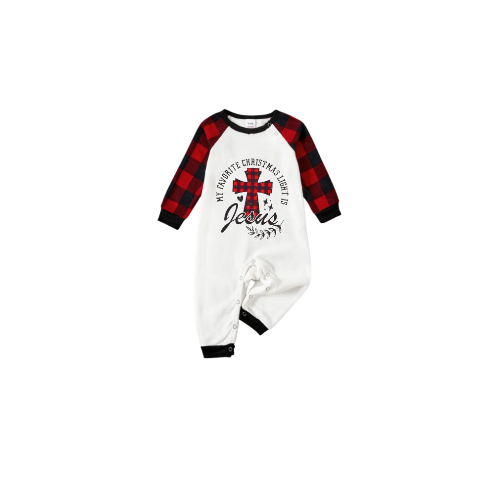 Black and Red Plaid Raglan Short Sleeve Pajamas Set With "My Favorite Christmas Light Is Jesus" Text Print