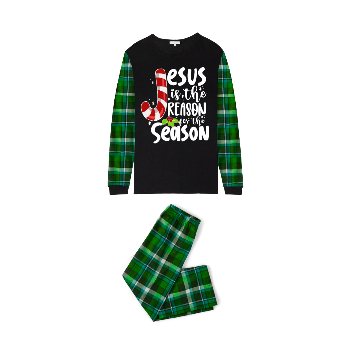 Jesus is the Reason Green Plaid Christmas Pajama Set with Candy Cane Sleeves