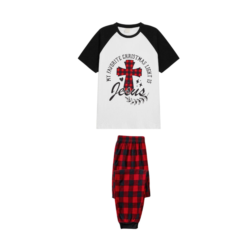 Black and Red Plaid Raglan Short Sleeve Pajamas Set With "My Favorite Christmas Light Is Jesus" Text Print