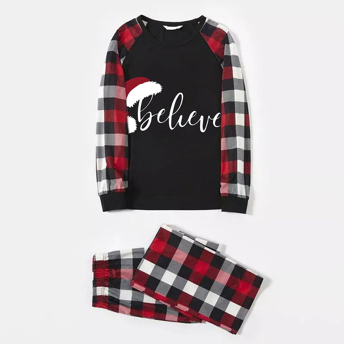 Christmas Hat and 'Believe“ Letter Print Patterned Plaid Sleeve Contrast Tops and Red & Black & White Plaid Pants Family Matching Pajamas Set With Dog Bandana