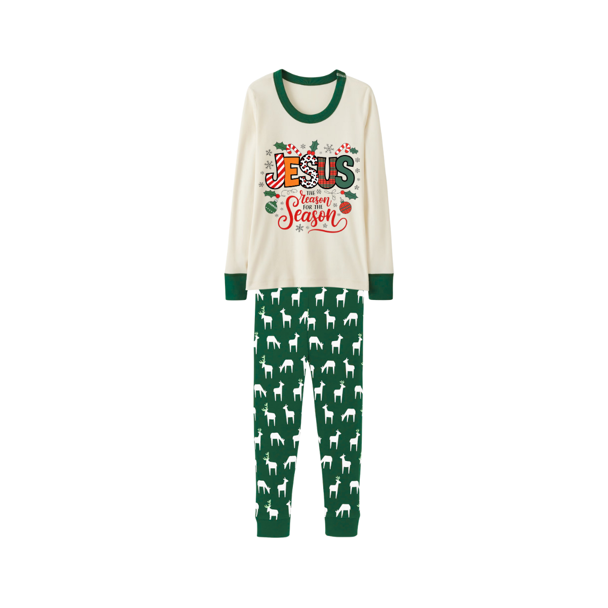 Green Cute Deer Print Christmas Pajamas Set With "Jesus is the Reason for the Season" Text Print
