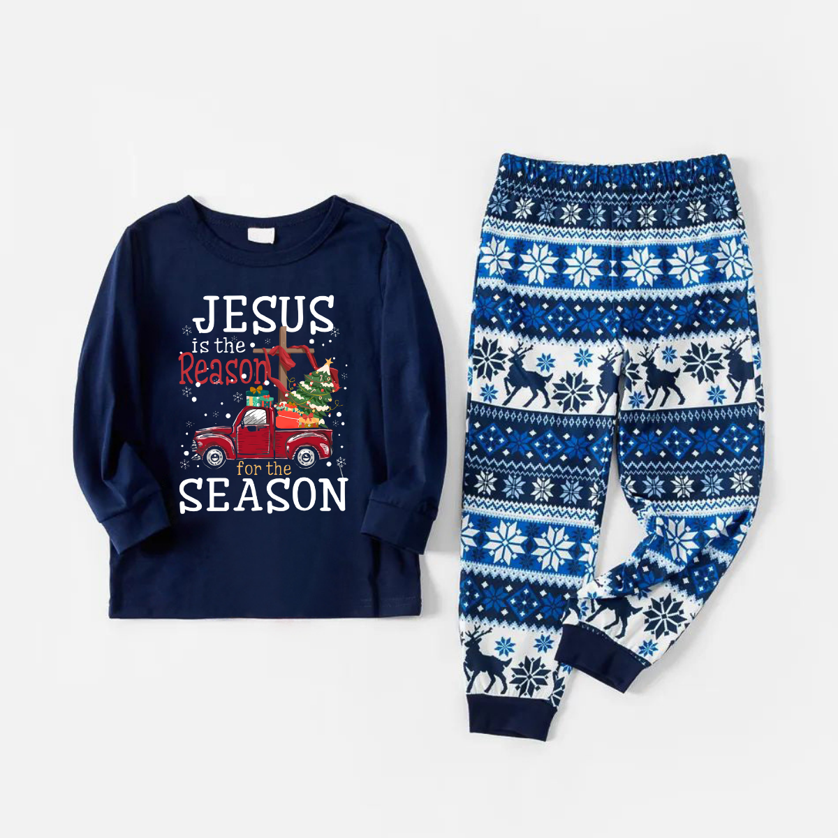 Joyful Blue Christmas Pajamas Set With "Jesus is the Reason for the Season" Text Print