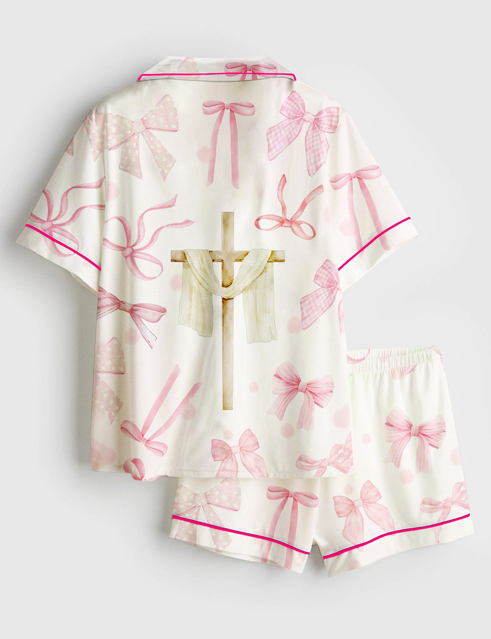 Women's Pink Coquette Bow Christian Jesus Easter Short Sleeve Satin Pajama Set