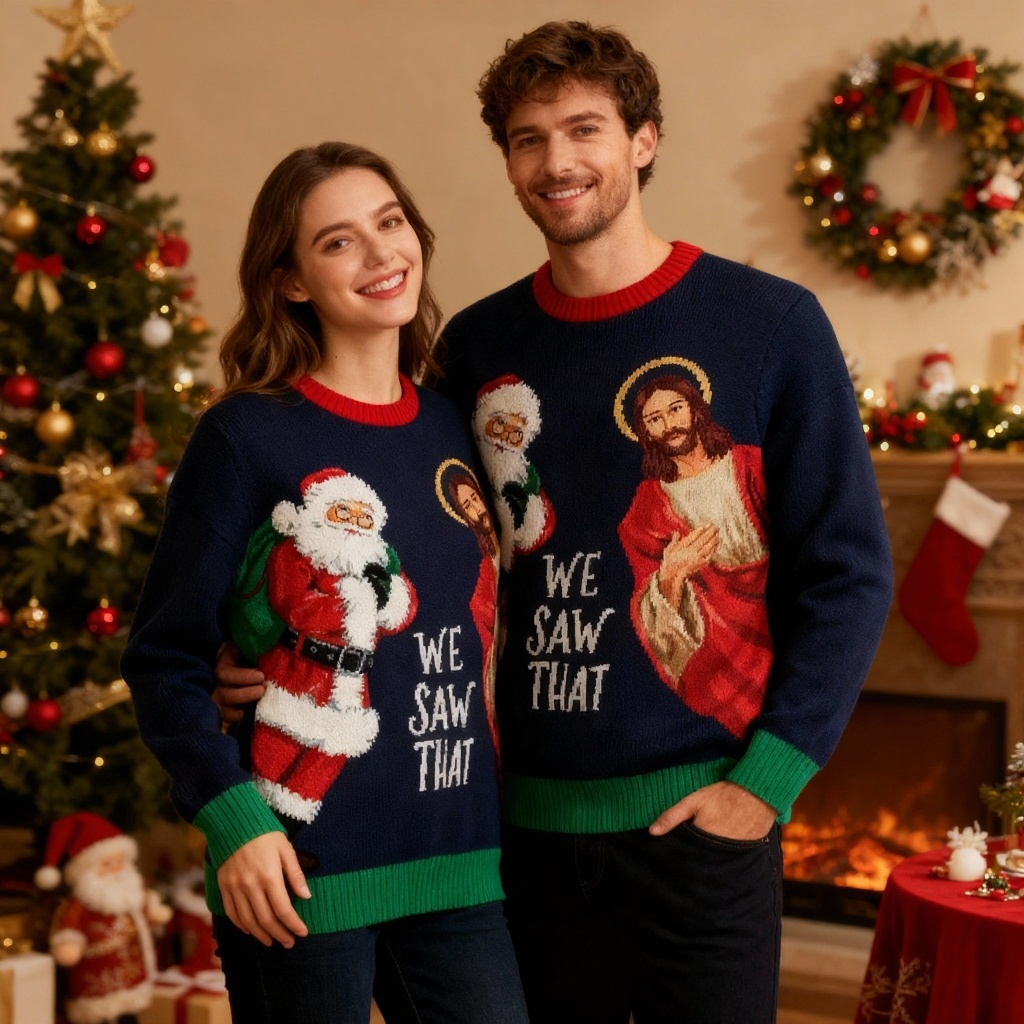 Santa & Jesus Print Holiday Sweater - Intentional Festive Quirk