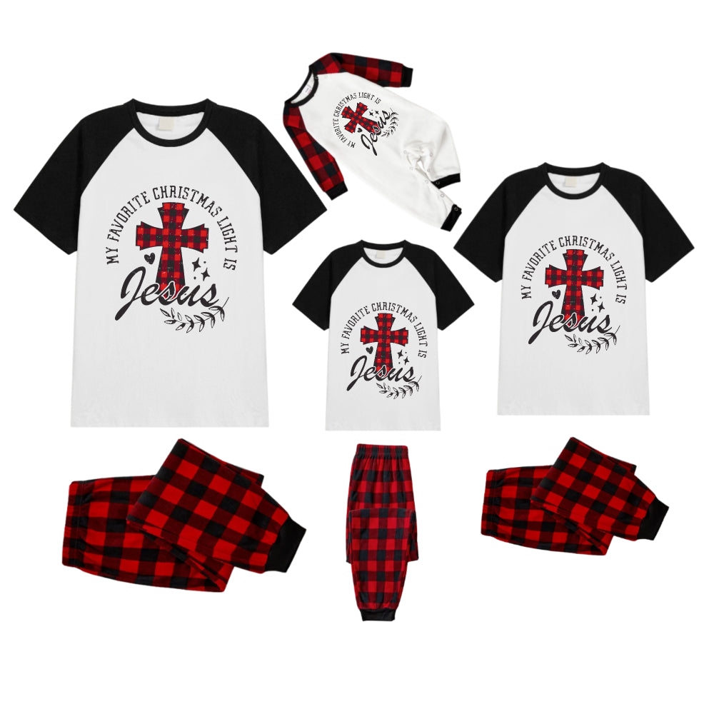 Black and Red Plaid Raglan Short Sleeve Pajamas Set With "My Favorite Christmas Light Is Jesus" Text Print