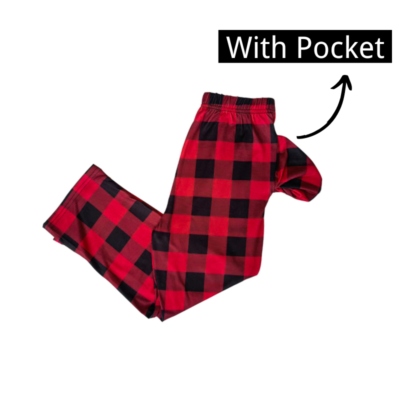 Christmas ”Ho Ho Ho“ Letter Print Santa Claus & Gingerbread & Elk Patterned Contrast Black top and Black & Red Plaid Pants Family Matching Pajamas Set With Dog Bandana