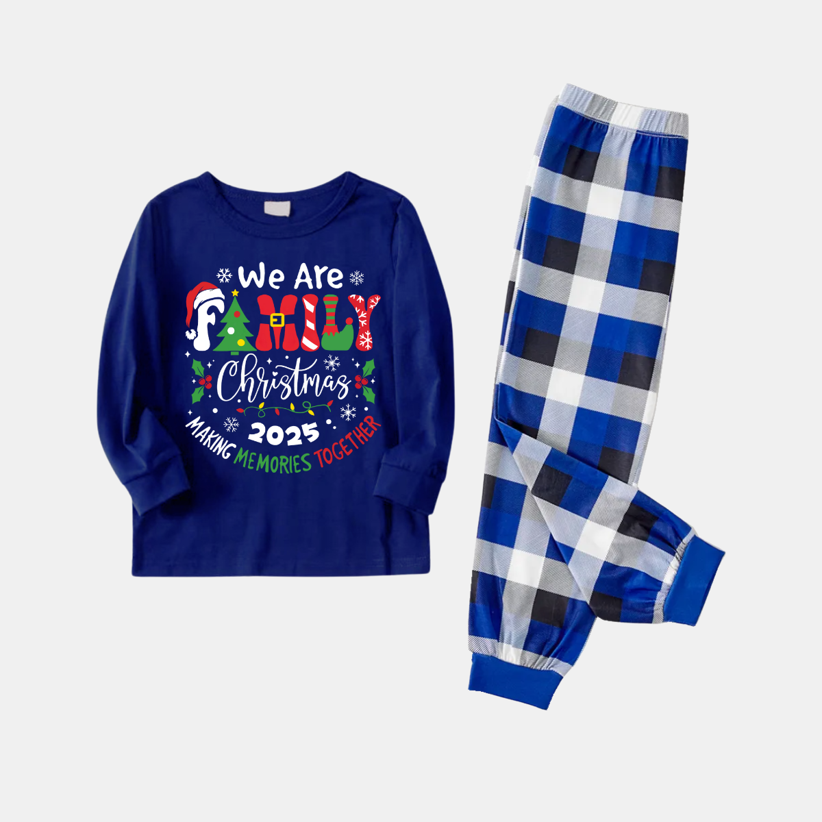 "We are Family 2025 Christmas Make Memories Together" Slogan Print Blue Long Sleeve with Versatile Blue and White Plaid Pants Family Matching Pajamas