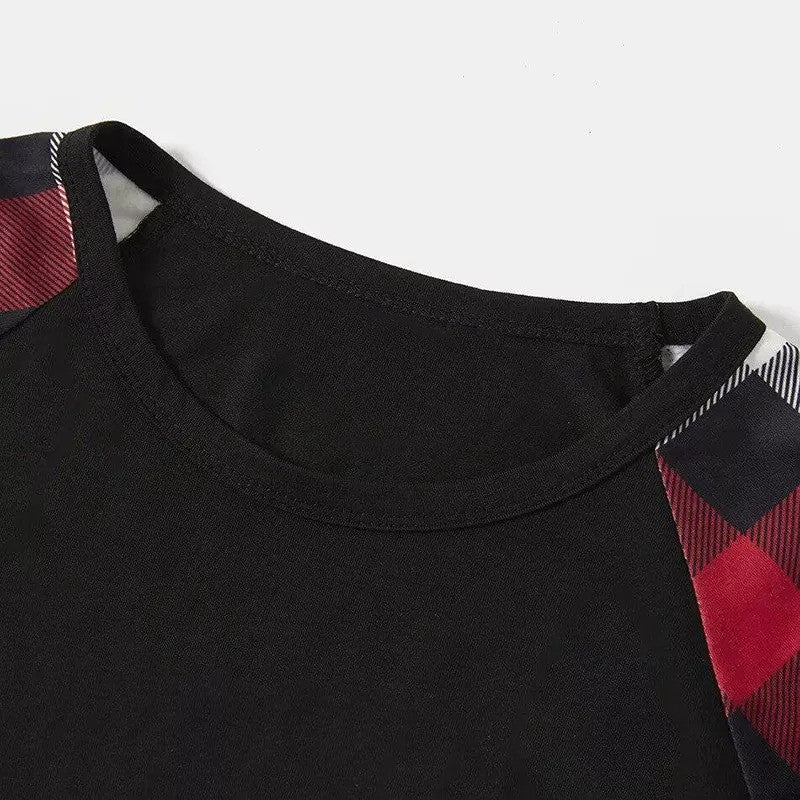 "2025 Christmas CREW " Text Printed Pattern - Black Top with Red&Black&White Plaid Sleeves - Family Matching Pajamas