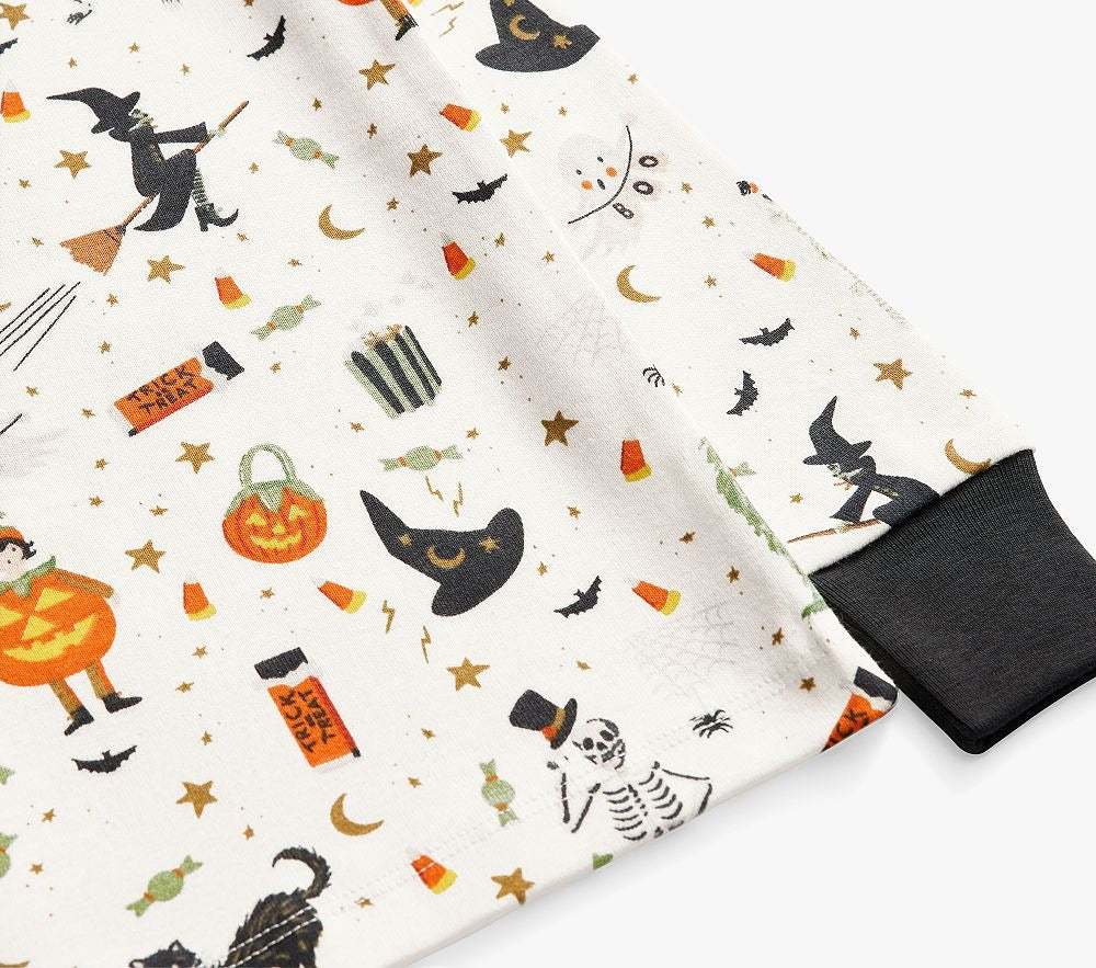 Toddler & Baby Halloween Long Sleeve Pajamas -White with Pumpkin, Witch & Ghost Print