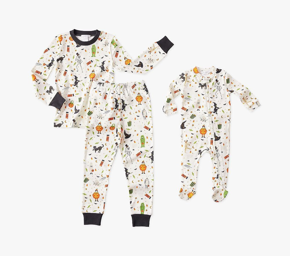 Toddler & Baby Halloween Long Sleeve Pajamas -White with Pumpkin, Witch & Ghost Print