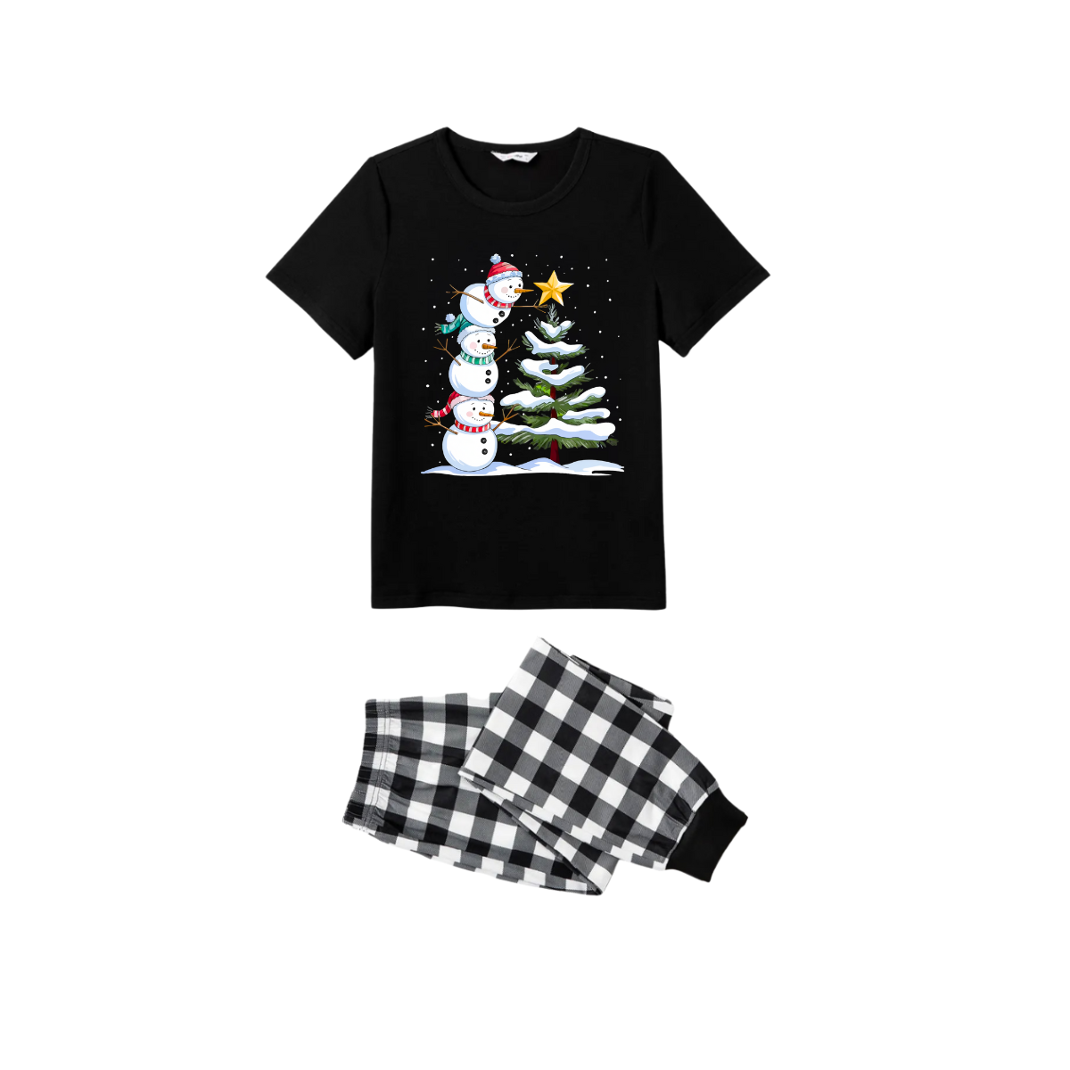 Couple Black and White Plaid Christmas Short Sleeve Pajamas Set with Snowman & Christmas Tree Print