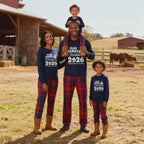 'Our Family Chirstmas 2026 Making Memories Together' Letter Print Blue Long Sleeves Top with Red and Blue Plaid Pants Christmas Matching Pajamas