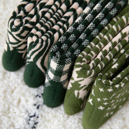 Christmas Green Plush Cotton Thick Embroidery Terry Sports Socks