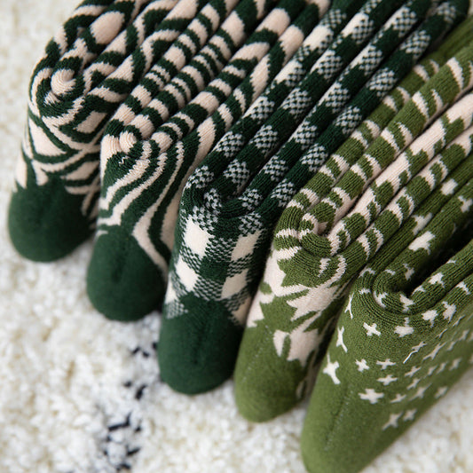 Christmas Green Plush Cotton Thick Embroidery Terry Sports Socks