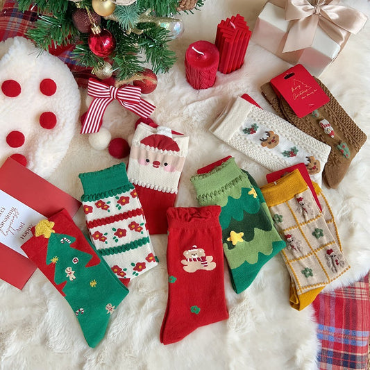 New Women's Mid Calf Socks Christmas Cute Cartoon Embossed Couple Socks Japanese Socks