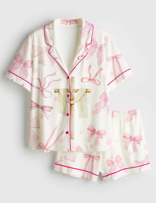 Women's Pink Coquette Bow Christian Jesus Easter Short Sleeve Satin Pajama Set