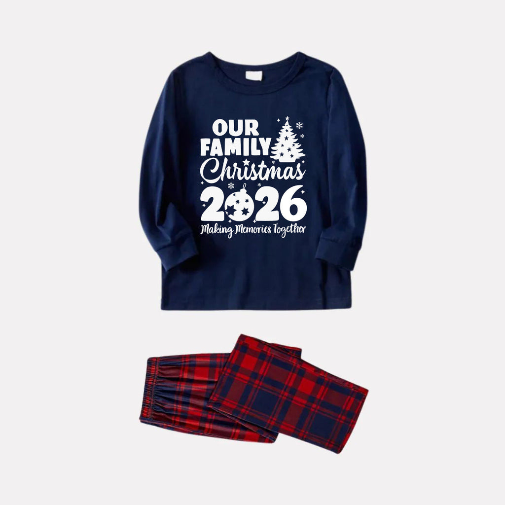'Our Family Chirstmas 2026 Making Memories Together' Letter Print Blue Long Sleeves Top with Red and Blue Plaid Pants Christmas Matching Pajamas