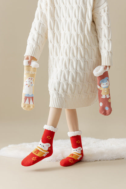Lamb Velvet Socks Women's Winter Sleep Socks Silicone Non-Slip Floor Socks Christmas Red Socks