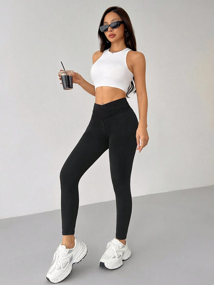 Solid Color Black High Waisted Fleece Leggings