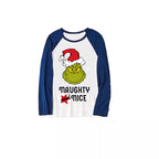 'Dear Santa They Are The Naughty One' Letter Print Casual Long Sleeve Sweatshirts Blue Sleeve Contrast Tops and Blue Plaid Pants Family Matching Pajamas Sets With Dog Bandan