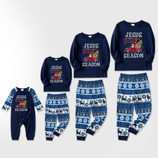 Joyful Blue Christmas Pajamas Set With "Jesus is the Reason for the Season" Text Print
