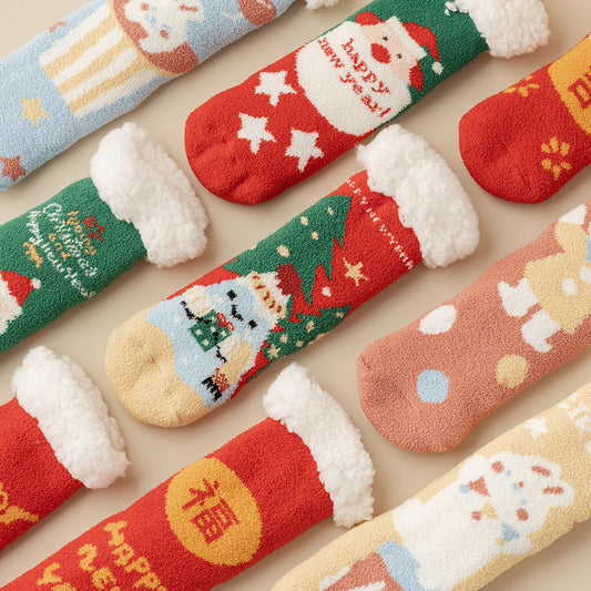 Lamb Velvet Socks Women's Winter Sleep Socks Silicone Non-Slip Floor Socks Christmas Red Socks