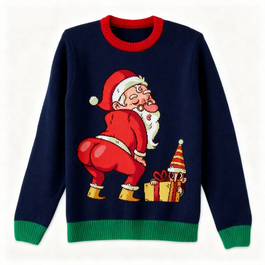 Zany Santa Print Holiday Sweater - Intentional Festive Quirk