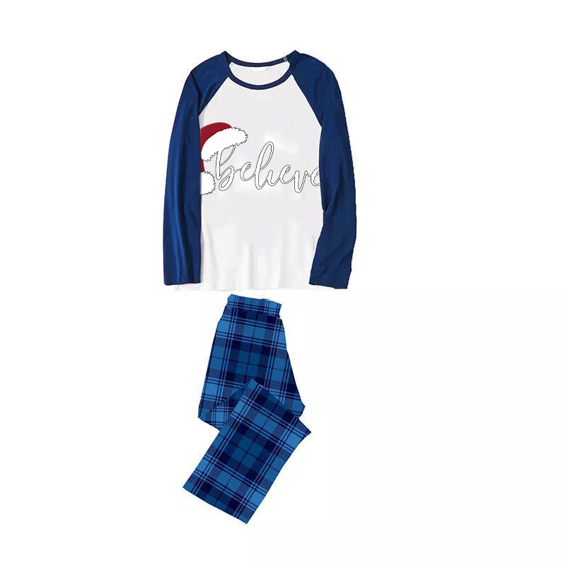 Christmas Hat and 'Believe“ Letter Print Patterned Blue Sleeve Contrast Tops and Blue Plaid Pants Family Matching Pajamas Sets With Dog Bandan