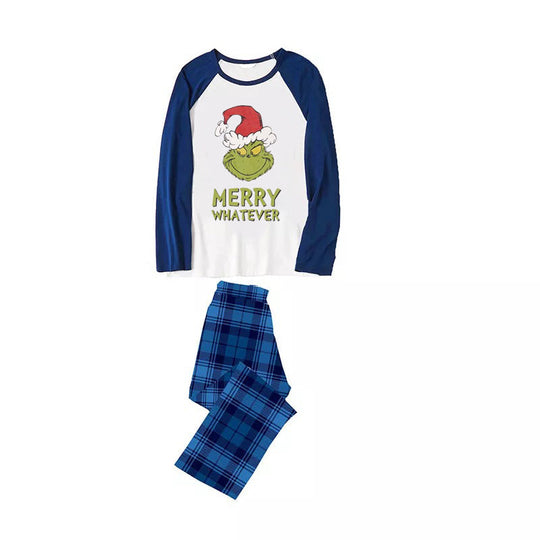 'Dear Santa They Are The Naughty One' Letter Print Casual Long Sleeve Sweatshirts Blue Sleeve Contrast Tops and Blue Plaid Pants Family Matching Pajamas Sets With Dog Bandan