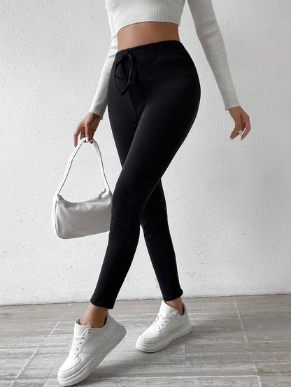 Women Knotted Waist Warm Lined Leggings