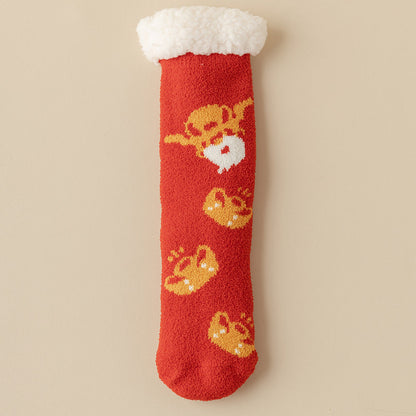 Lamb Velvet Socks Women's Winter Sleep Socks Silicone Non-Slip Floor Socks Christmas Red Socks
