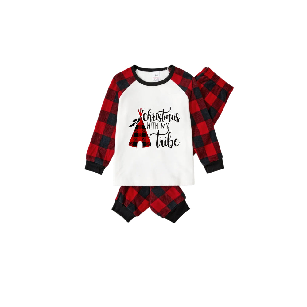 "Christmas With My Tribe"  Pattern White Long Sleeve with Black&Red Plaid Pants Family Matching Pajamas