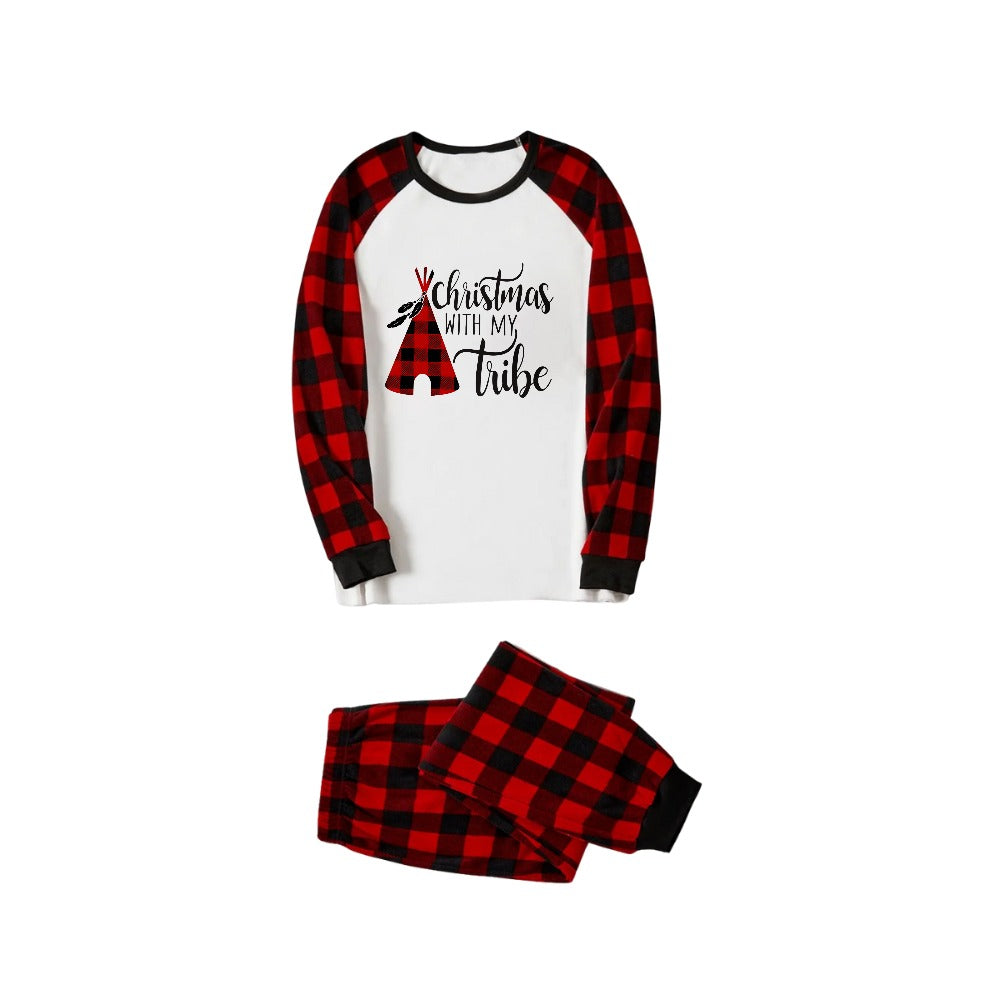 "Christmas With My Tribe"  Pattern White Long Sleeve with Black&Red Plaid Pants Family Matching Pajamas