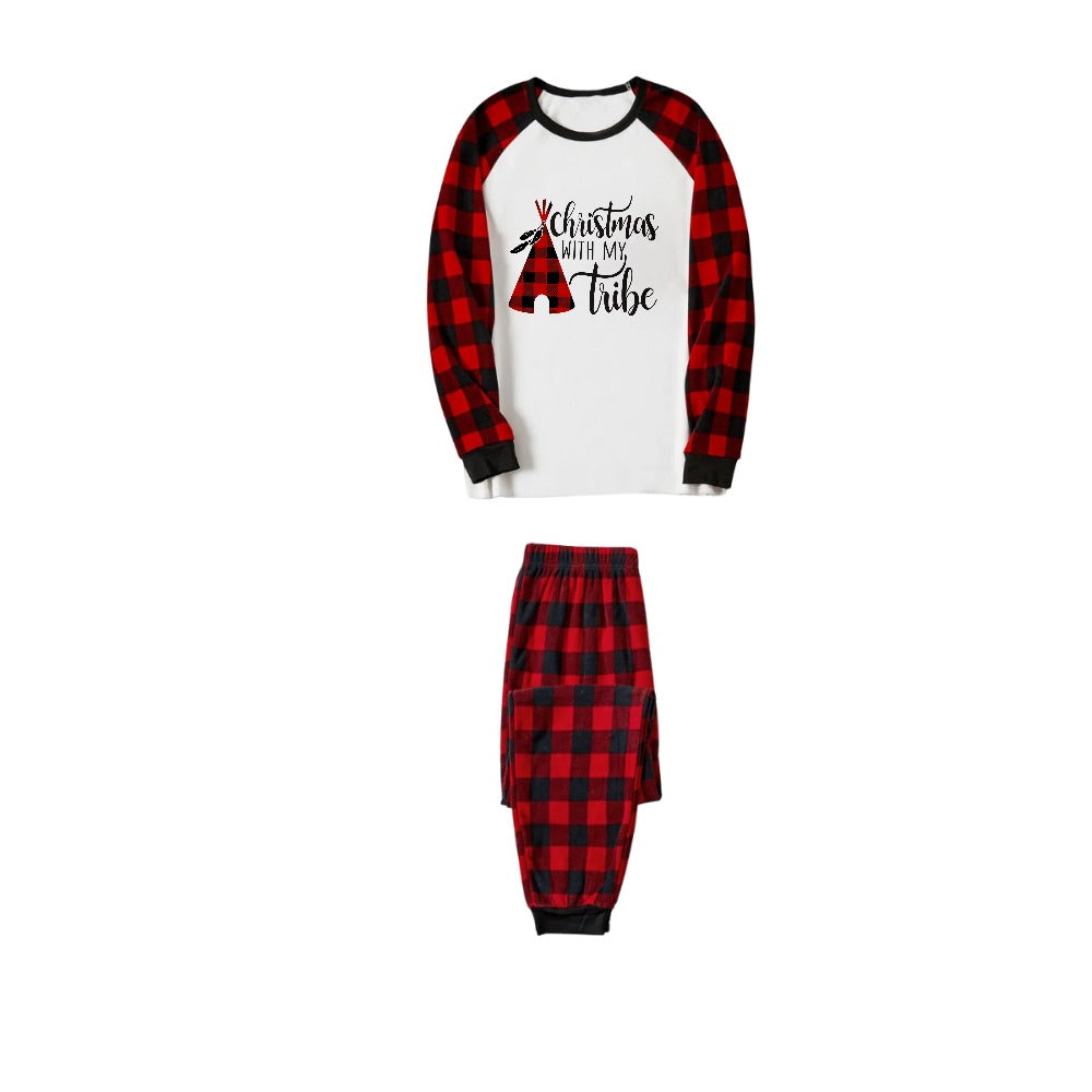 "Christmas With My Tribe"  Pattern White Long Sleeve with Black&Red Plaid Pants Family Matching Pajamas