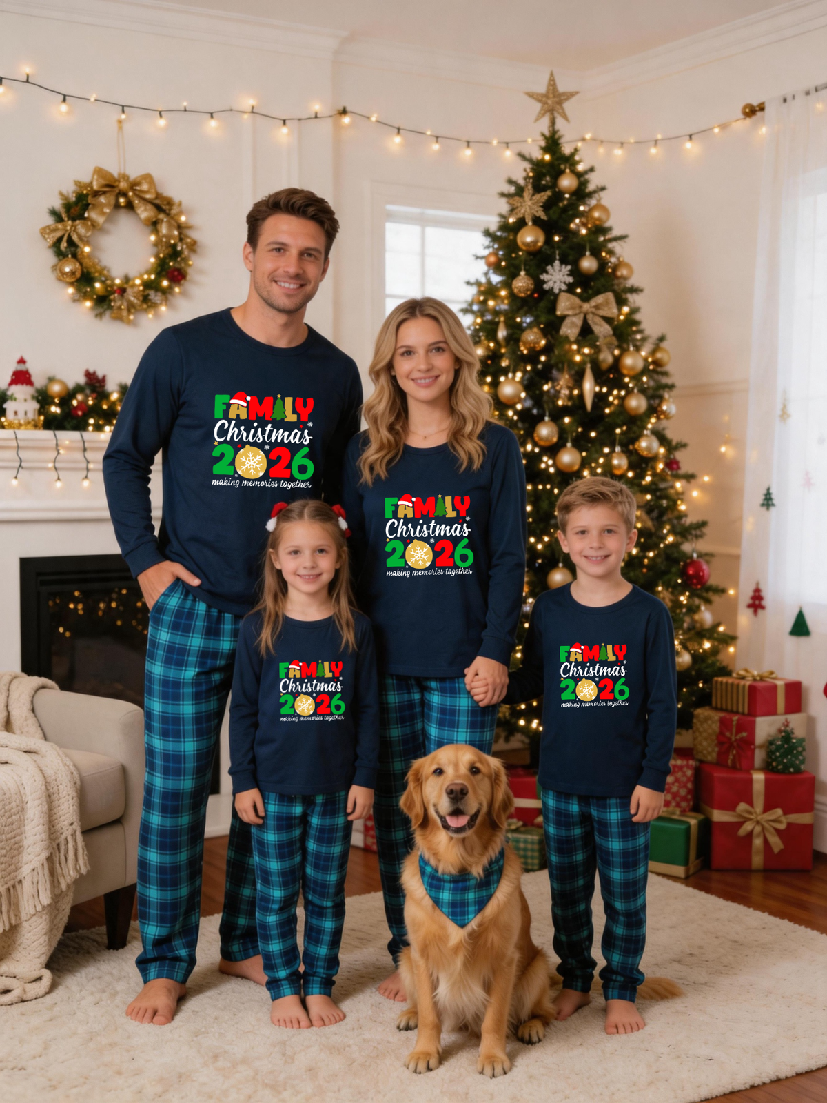 2026 Colorful Family Letter Snowflake Ornament Printed Blue Plaid Christmas Family Matching Pajamas