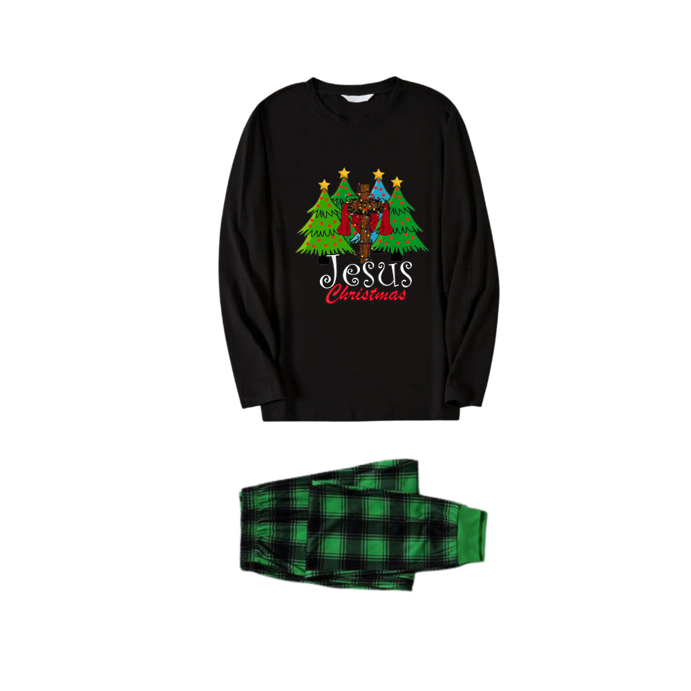 Christmas Family Matching Pajamas-Black Top and Green Plaid Pants Pjs Set with "Jesus Christmas" Print