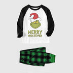 Christmas Cartoon and 'Merry Whatever' Letter Print Contrast Tops and Black and Green Plaid Pants Family Matching Pajamas Sets With Dog Bandana