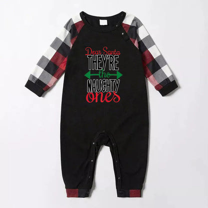'Dear Santa They Are The Naughty One' Letter Print Casual Long Sleeve Sweatshirts Contrast Tops and Red & Black & White Plaid Pants Family Matching Pajamas Set With Dog Bandana