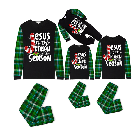 Jesus is the Reason Green Plaid Christmas Pajama Set with Candy Cane Sleeves